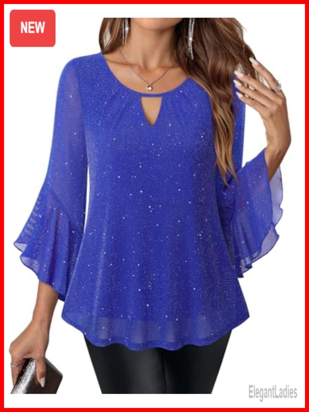 Womens Sparkly Ruffle 3/4 Sleeve Mesh Glitter Blouse